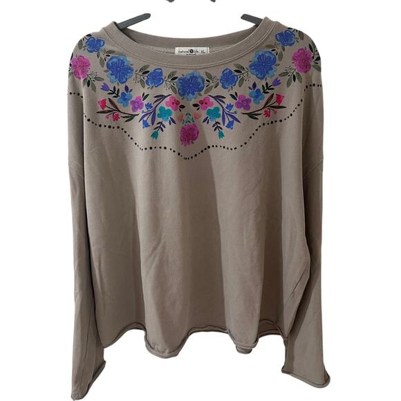 Natural Life Maia Light Gray Roll Hem Floral Oversized Boho Casual Sweatshirt XL - Picture 2 of 7